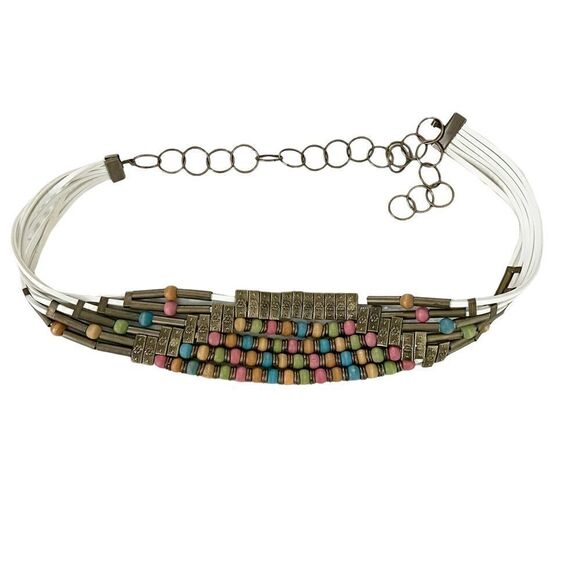 Vintage Boho White Leather Multi Strand Chain Link Belt w/ Wood + Metal Beads - Picture 1 of 4